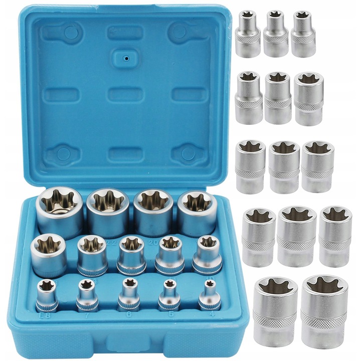 Set 14 piese chei tubulare E-TORX Vorfal 1/2", 3/8", 1/4", crom-vanadiu, cutie plastic