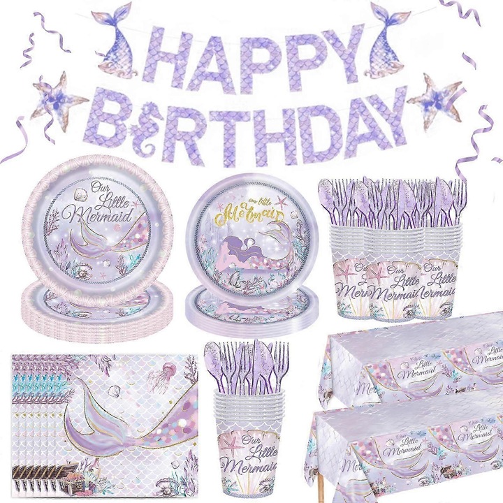Комплект за тематично парти с русалки, 1 банер, 2 покривки, 20 чинии, 20 чаши, 20 салфетки, 20 прибора, многоцветен, за 20 гости