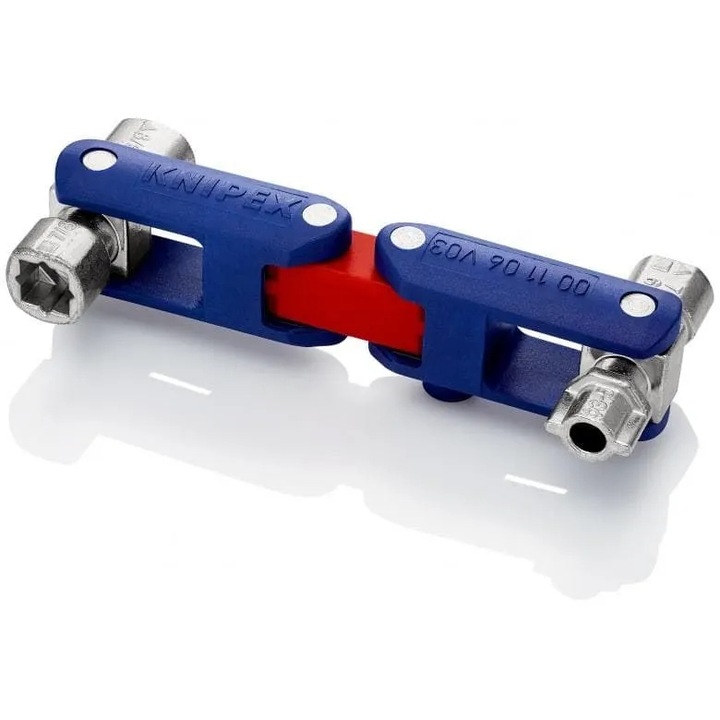 Knipex 00 11 06 V03 univerzális kulcs vezérlőszekrényekhez, csuklós fejekkel, 4 forgatható fejjel, négyzet alakú befogók 5/6/7/8 mm és háromszög 7/8/9 mm, kék/piros, 1 db