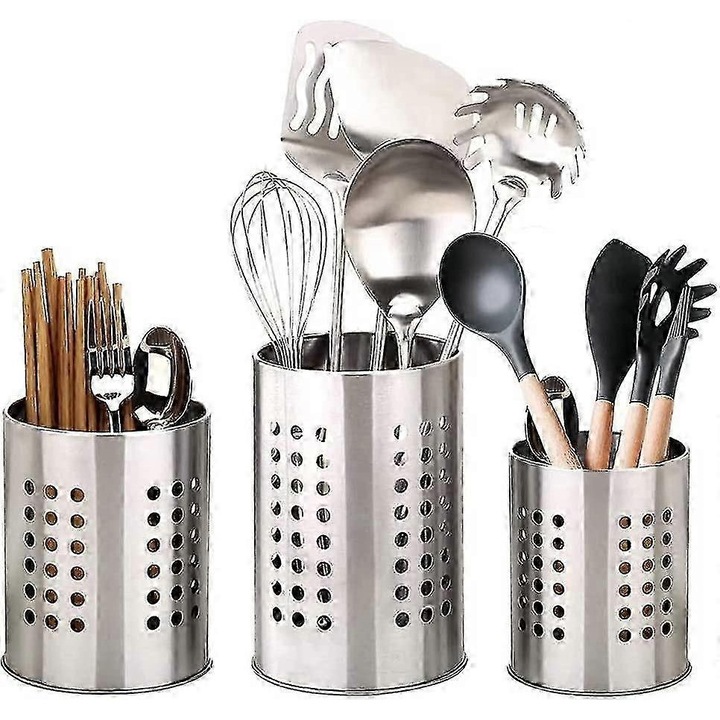 Поставка за прибори от неръждаема стомана, комплект от 3 части, дизайн с дупки, сребрист цвят