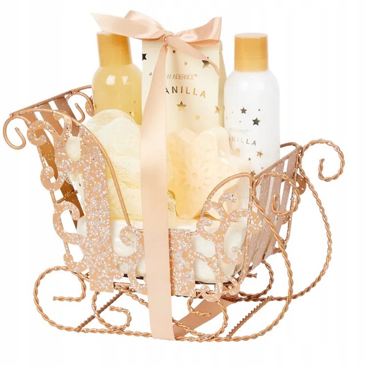 Set cadou cosmetic in sanie metalica, gel de baie 150ml, balsam de corp 150ml, saruri de baie 150g, multicolor