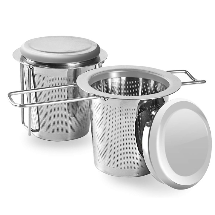 Infuzor de ceai FooFoony, 2 bucati, filtru de ceai cu manere duble pliabile si capac, plasa ultra-fina, otel inoxidabil 304, agatat pe ceainice, cesti, filtru de ceai pentru ceainice, cesti si cani pentru infuzarea frunzelor