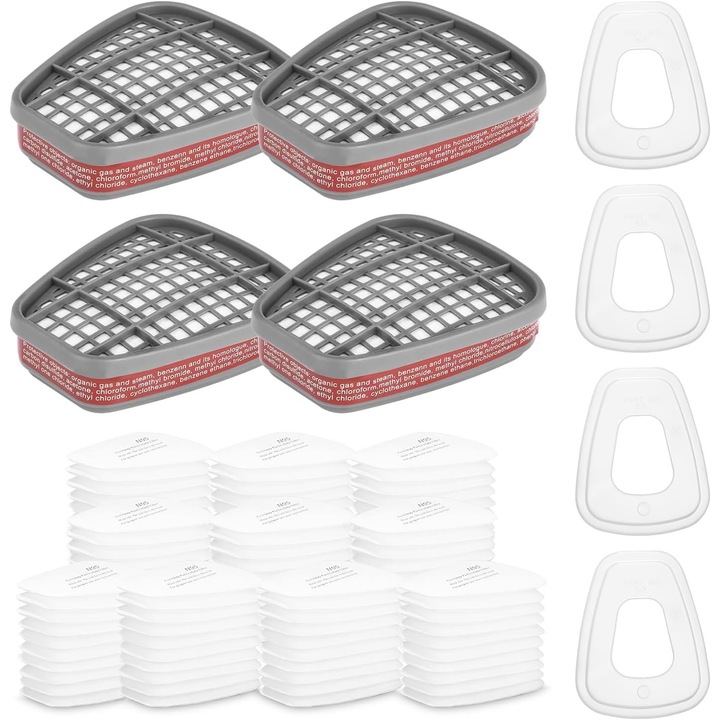Set filtru 6001 pentru masca respiratorie – 100 cartuse + 4 filtre si capace, filtru chimic compatibil 6000, 6200, 6300, 6800, 7501, 7502 si FF402, protectie gaz, praf si particule, pentru mestesugari si vopsitorie