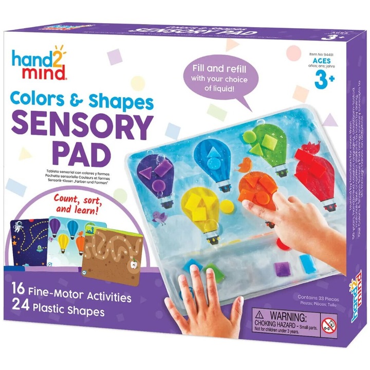 Covoraș senzorial hand2mind, forme și culori, set cu 24 forme geometrice, 8 cartonase activități, 30.5x24x3.8cm