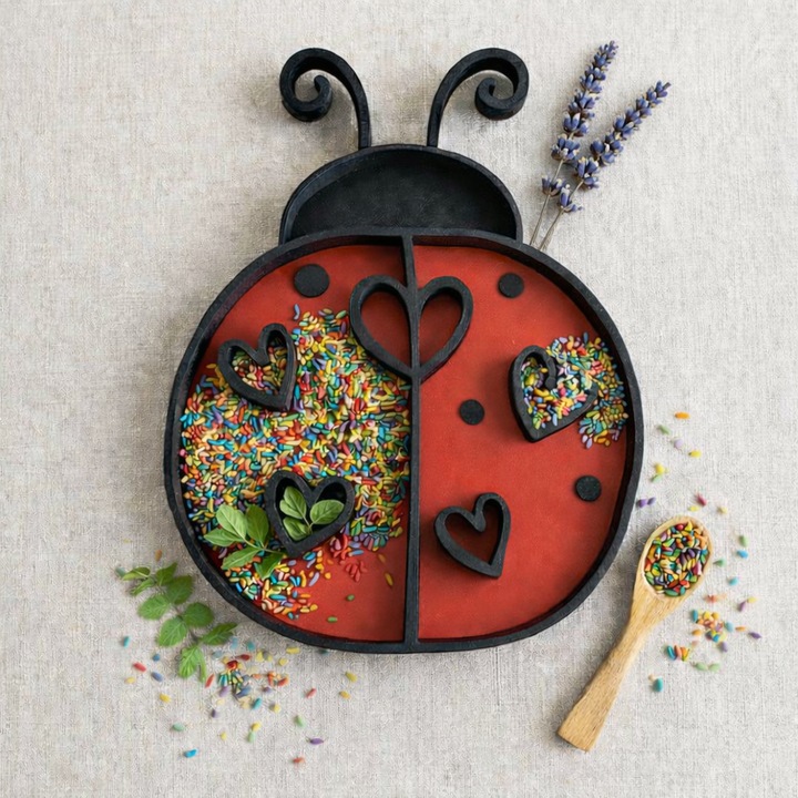 Tavita joaca senzoriala buburuza, activitati Montessori, rosu cu negru, 17x12.2cm