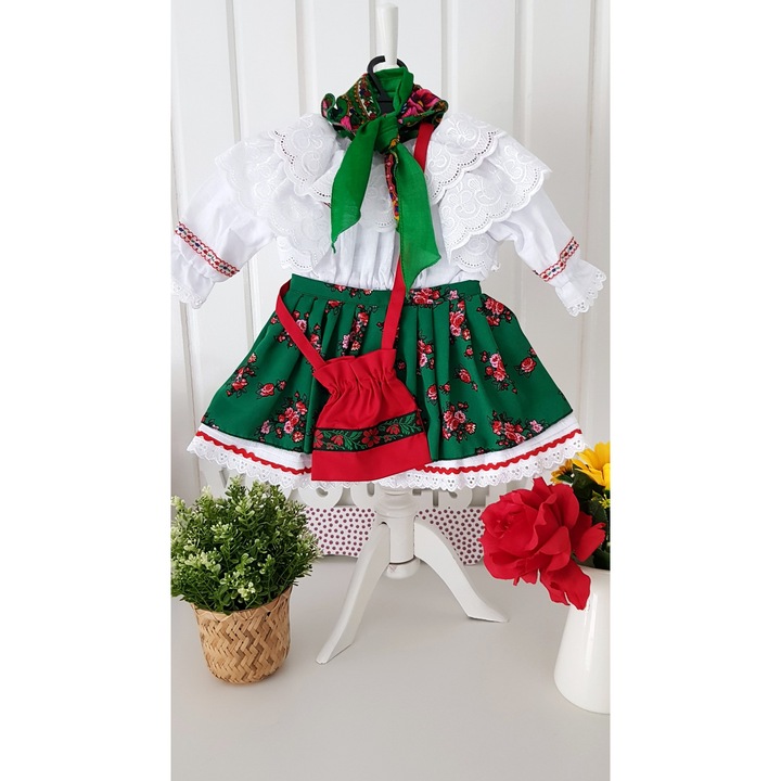 Традиционен костюм за момиченце Традиционна Мери, зелен, 4 части, 86-92 см, 100% памук