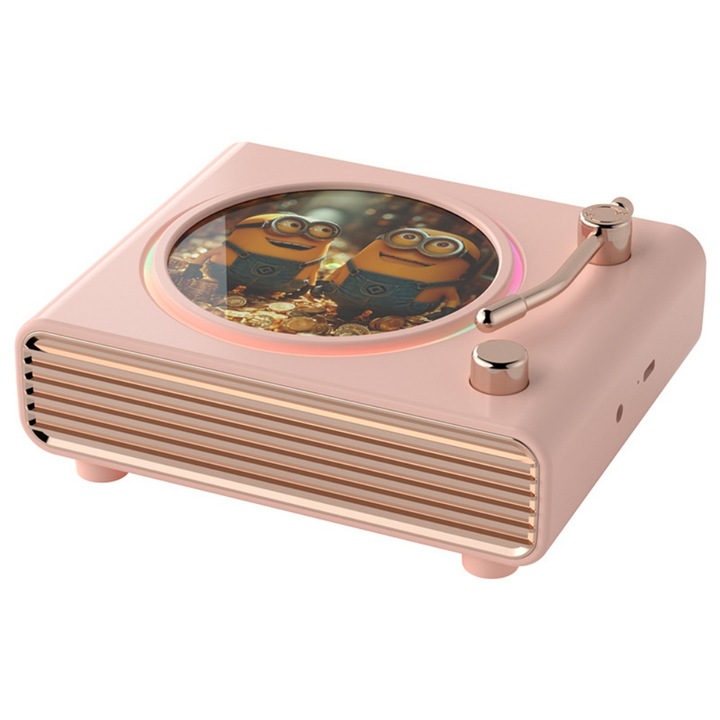 Difuzor Bluetooth fara fir, design portabil, interfata USB, autonomie a bateriei de 12 ore, montabil pe perete, ≥75 decibeli, raspuns in frecventa 100Hz–20kHz, capacitate baterie 1000mAh–1200mAh, putere de iesire 5W, Roz