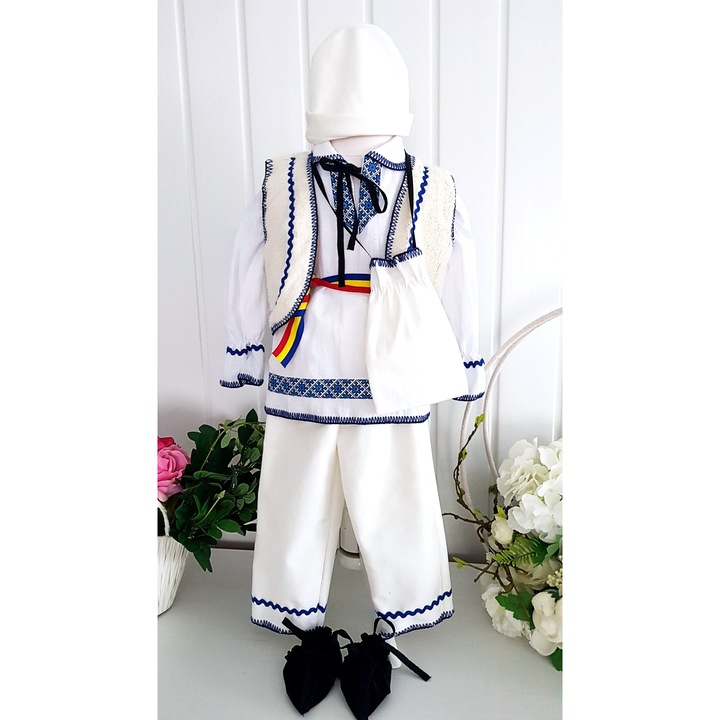 Костюм традиционен момчешки Траян, комплект от 6 части, син, памук, 56-62 см