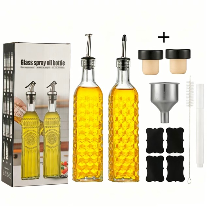 Set de dozatoare pentru ulei si otet, carafe de bucatarie pentru otet cu 2 guri de scurgere, 2 dopuri, 1 palnie, pachet de 2 bucati; Material: sticla; Forma: dreptunghiulara; Culoare: transparent; Capacitate: 500 ml
