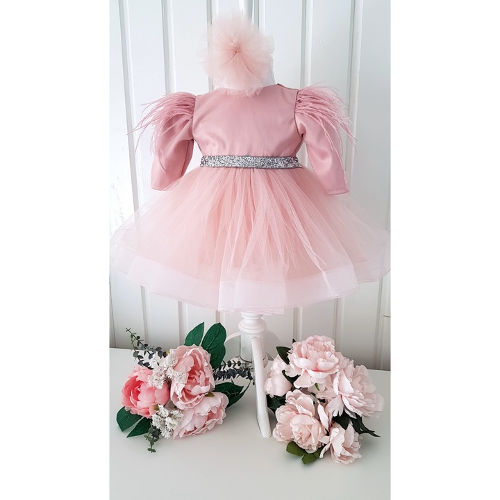 Rochie fetita botez Gracie, roz, 56-62 cm, cu bentita, satin si tulle
