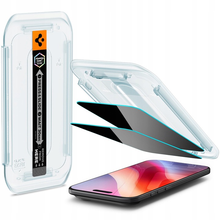 Sticla de protectie Spigen pentru iPhone Air, cu filtru de confidentialitate, cu aplicator de montare si carpa microfibra, Negru, 1 buc