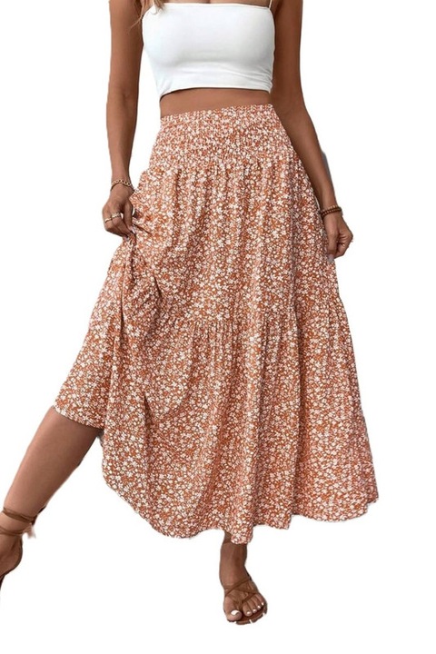 Fusta Dama, Talie Elastica, Buzunare Laterale, Croiala In A, Alb/Portocaliu, M