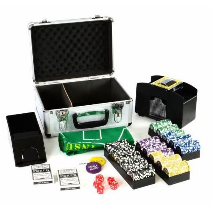 Deluxe pókerkészlet, 300 lézer chip hologram hatással, 2 pakli kártya, 5 dobókocka, alumínium tok, 31,5x26x16,5cm