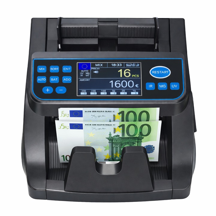 Mașină profesională de numărat și verificat bancnote euro E-ETOP, ED-6000, viteză 1000 bancnote pe minut, numără simultan după valoare și după număr, detectează bani falși și deteriorați, negru