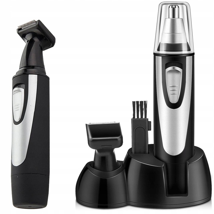 Trimmer multifunctional pentru nas urechi si barba aparat electric de tuns par facial cu doua capete, aparat grooming compact rezistent la apa IPX4 cu suport si capac de protectie
