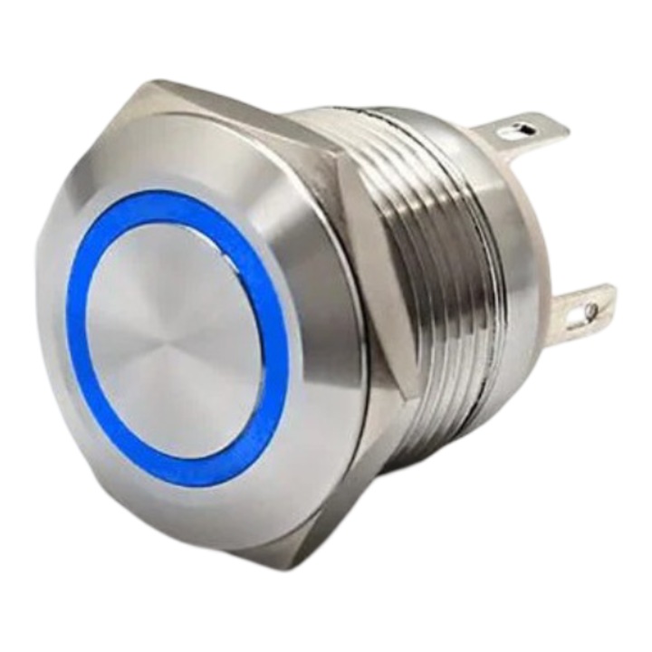 Buton push iluminat cu mentinere, 20A 12–24V DC, 19mm, IP67, metalic, inel LED albastru, 4 pini, FLM19-FJ-6-EX000-S11Z4-BLUE