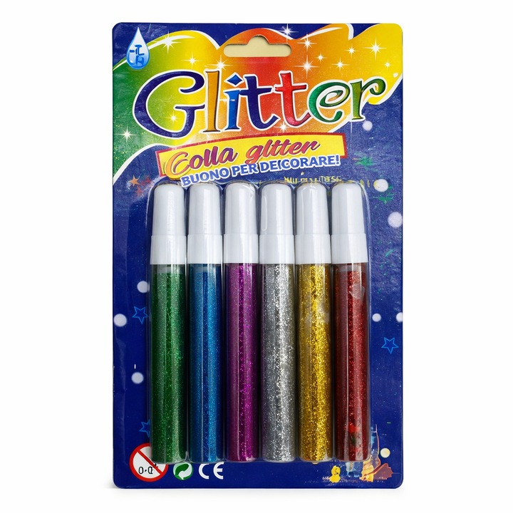 Комплект лепила с брокат, 6 цвята на блистер, декоративно лепило с брокат за крафт, хоби, скрапбукинг, декорации, креативно лепило за деца и училище