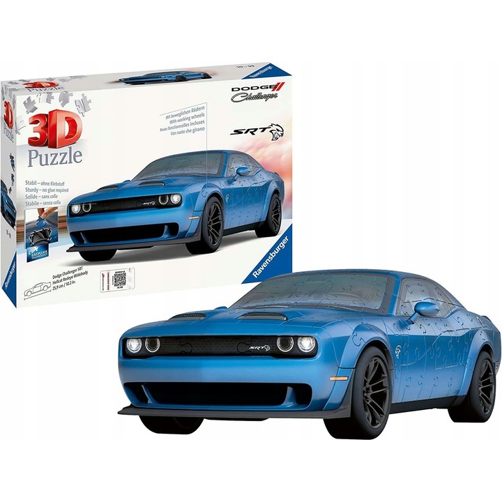 Пъзел 3D Ravensburger Dodge Challenger Hellcat Wide, от твърда пластмаса, с номерирани части, син, 163 части