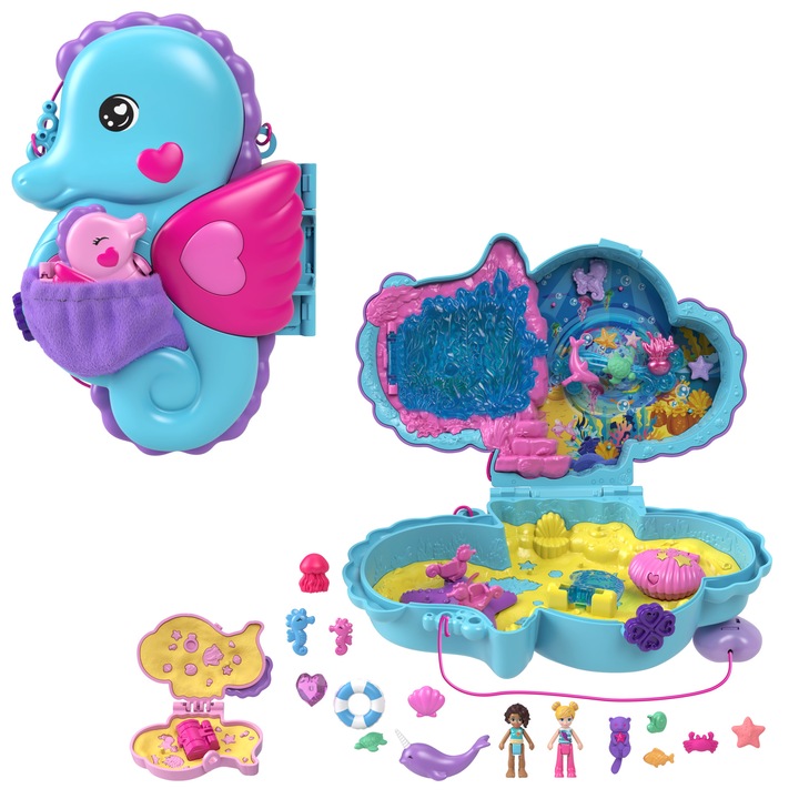 Polly Pocket tengericsikó kompakt táska, 13 kiegészítő, 2 figura, többszínű, 4 év feletti gyermekeknek