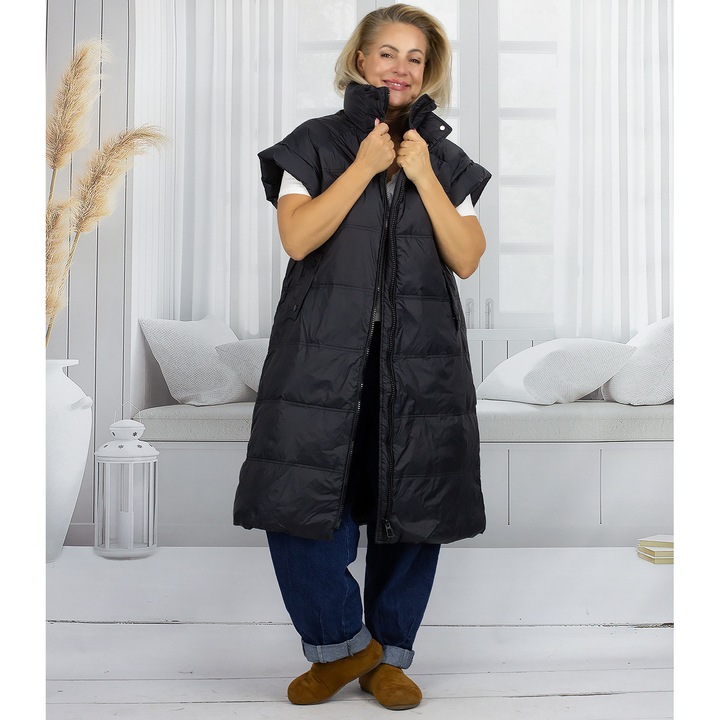 Vesta dama lunga matlasata negru, umplutura tip puf, fara gluga, fermoar dublu, croiala regular, pentru primavara si toamna, Agrafka unisize