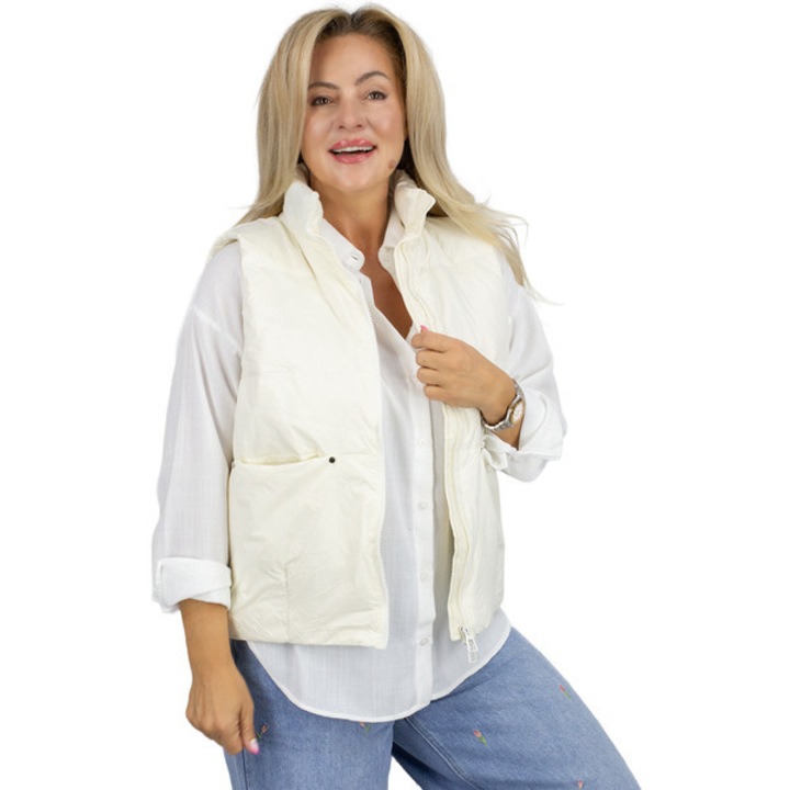Vesta dama scurta matlasata alb, umplutura 100% puf, fara gluga, fermoar frontal, croi regular, pentru primavara si toamna, Agrafka unisize