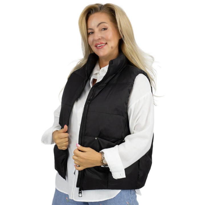 Vesta dama scurta matlasata, negru bumplutura 100% puf, fara gluga, fermoar frontal, croi regular, pentru primavara si toamna, Agrafka unisize