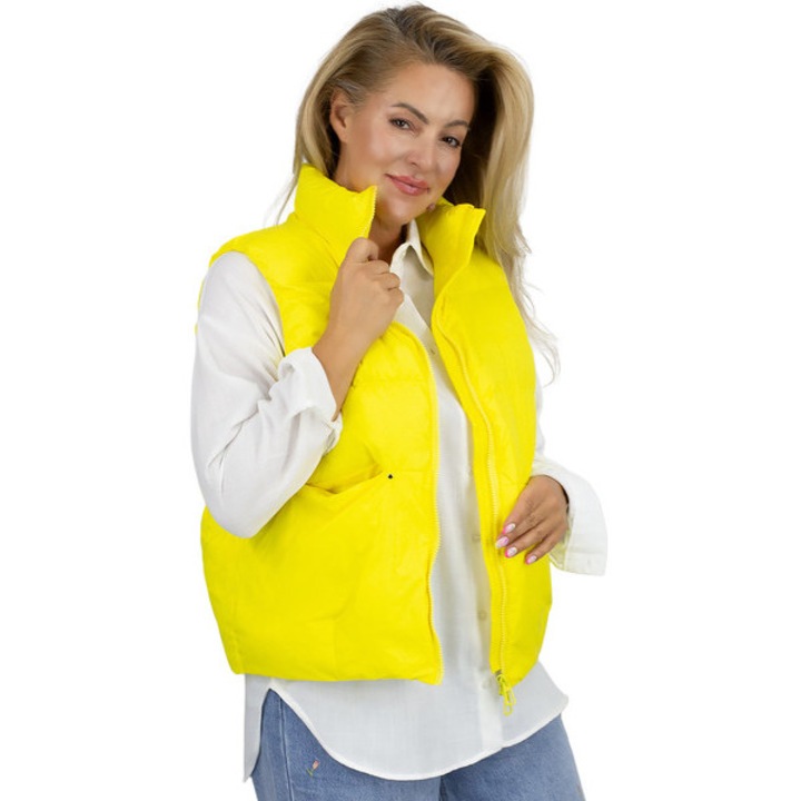 Vesta dama scurta matlasata, galben bumplutura 100% puf, fara gluga, fermoar frontal, croi regular, pentru primavara si toamna, Agrafka unisize