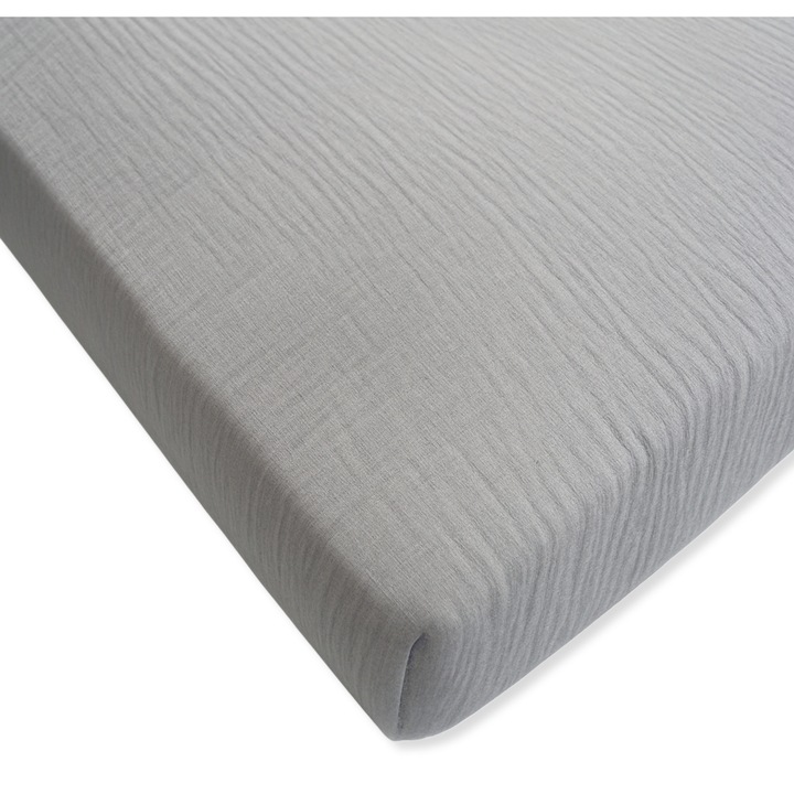 Cearceaf pentru patut 120x60 cm, Dartomik, bumbac muslin, elastic, gri