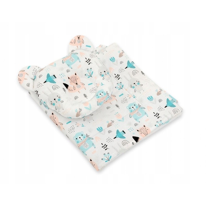 Set lenjerie pentru bebelusi My Sweet Baby, pernuta profilata si patura, 100% bumbac, albastru, 27x25cm, 77x77cm