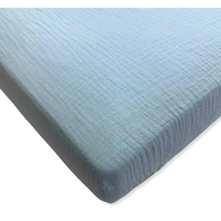 Cearceaf pentru patut 120x60 cm, Dartomik, bumbac muslin, albastru, cu elastic