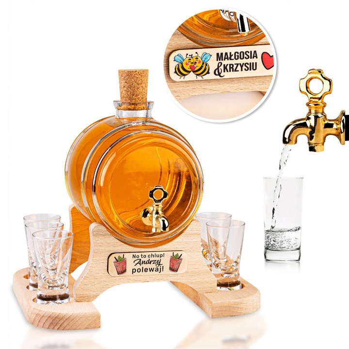 Set Butoaie Din Sticla 1 L cu Suport din Lemn si 6 Pahare, Transparent, 185x170x65mm