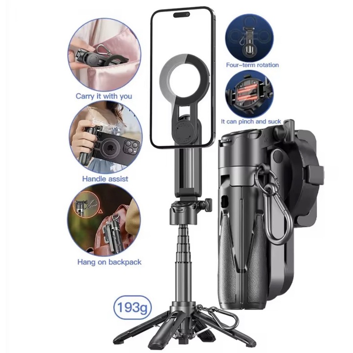 Selfie Stick 3-in-1 cu Trepied, Suport Magnetic Compatibil MagSafe si iPhone, Telecomanda Bluetooth, Extensibil si Pliabil, Rotire 225°, Suport Universal Smartphone