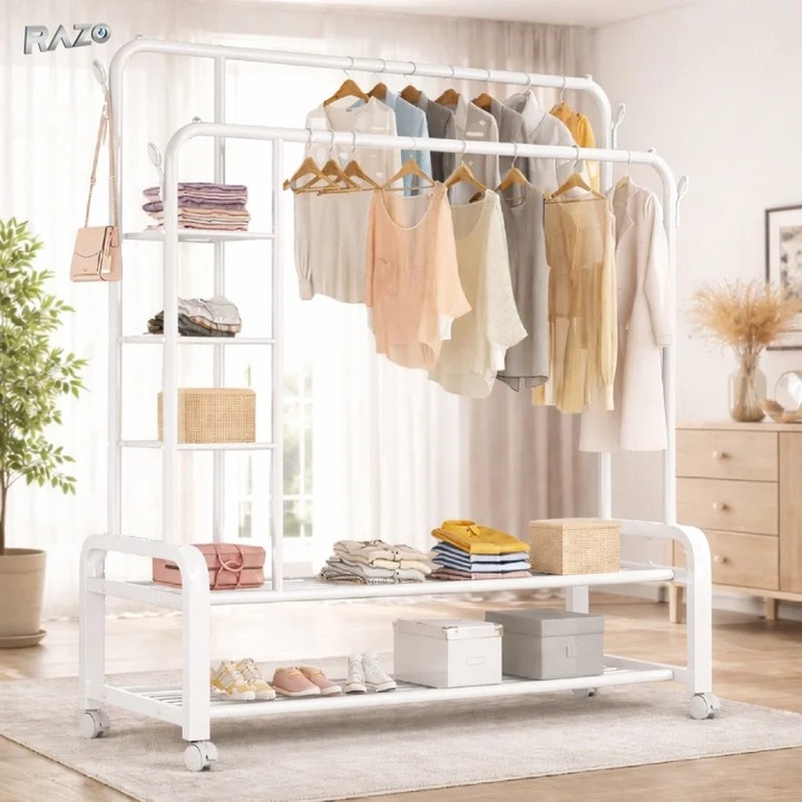 RAZO Dupla fém ruhatartó állvány kerekekkel, 58 kg teherbírás, 2 vállfatartó rúd, 2 cipőtartó polc, 160x110x55 cm, Fehér