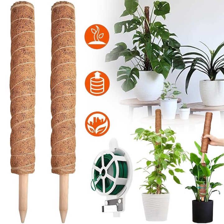 Stalp De Muschi, 2 Bucati De Stalp De Muschi De Cocos De 40 cm Pentru Plante Monstera Si Branza, Suporturi Pentru Plante De Interior, Stalp Totem Pentru Plante Cataratoare De Interior Si Exterior