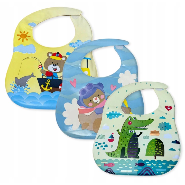 Set 3 bavete pentru baieti cu buzunar, 33x25cm, fara BPA, modele colorate