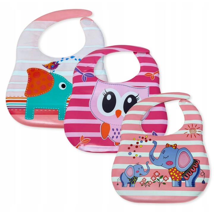 Set 3 bavete pentru fetite cu buzunar, 33x25cm, modele colorate, BPA free, Dartomik