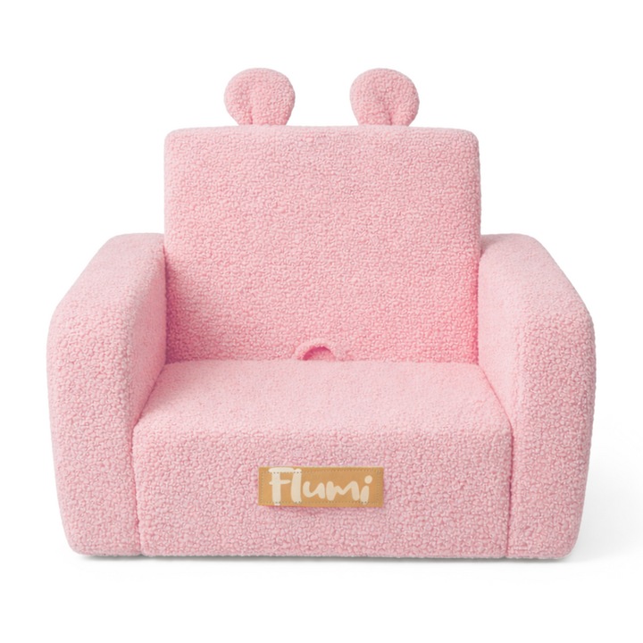 Fotoliu copii extensibil Flumi 2 in 1, pliabil din spuma, tesatura teddy, husa detasabila lavabila, buzunare laterale, roz