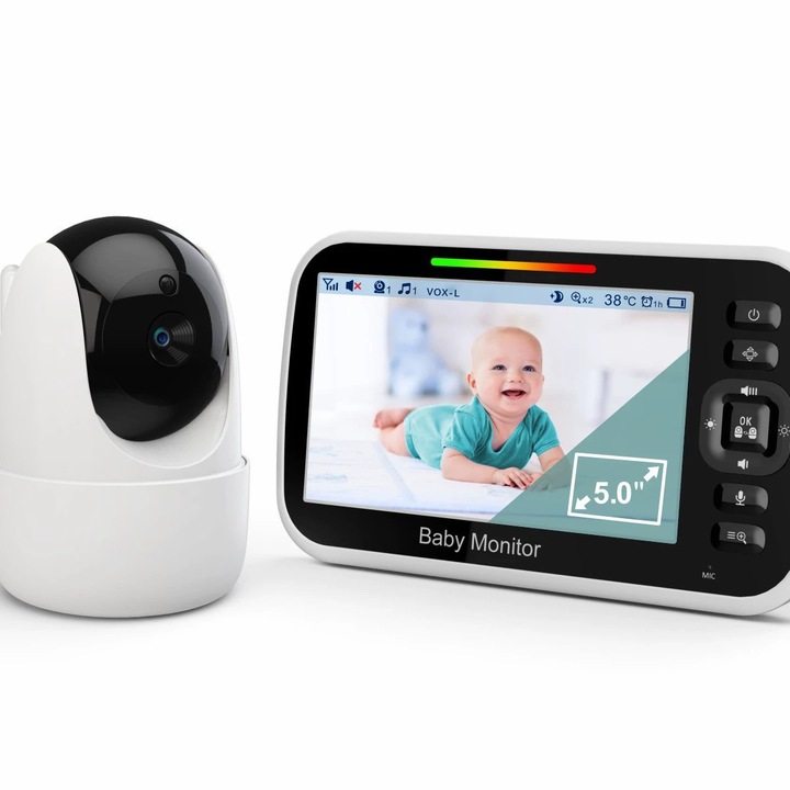 Baby Monitor Video Digital ViraProH, Ecran 5 inch, Camera Pan-Tilt, Night Vision, Audio Bidirectional, Detectare Miscare, Monitorizare Temperatura, Zoom Digital, 2.4GHz, Baterie Reincarcabila, Alb