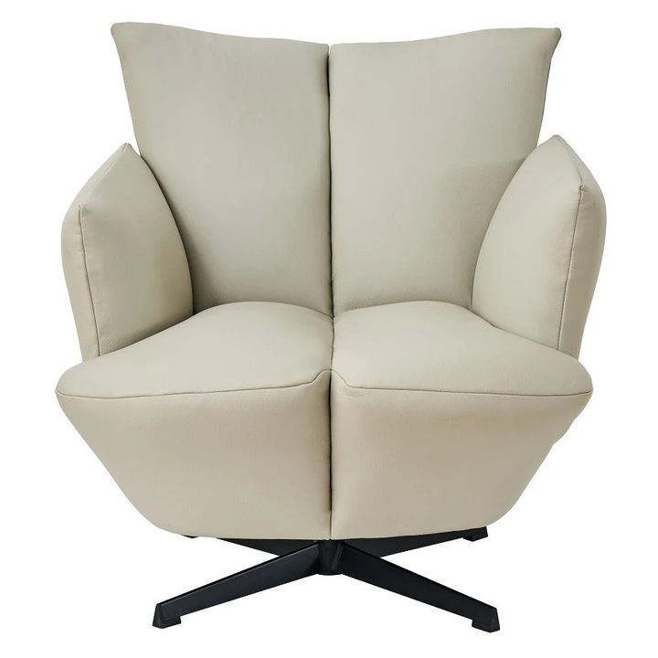 Fotoliu Accent Rotativ 360°, TOPSCAUNE®, Scaun Lounge Modern cu Tapiterie PU Premium, Design Ergonomic cu Spatar Curbat si Cusaturi Decorative, Baza Metalica Stabila Ø55 cm Vopsita Negru, Ideal pentru Living, Dormitor sau Birou, 85x83x75 cm, Bej