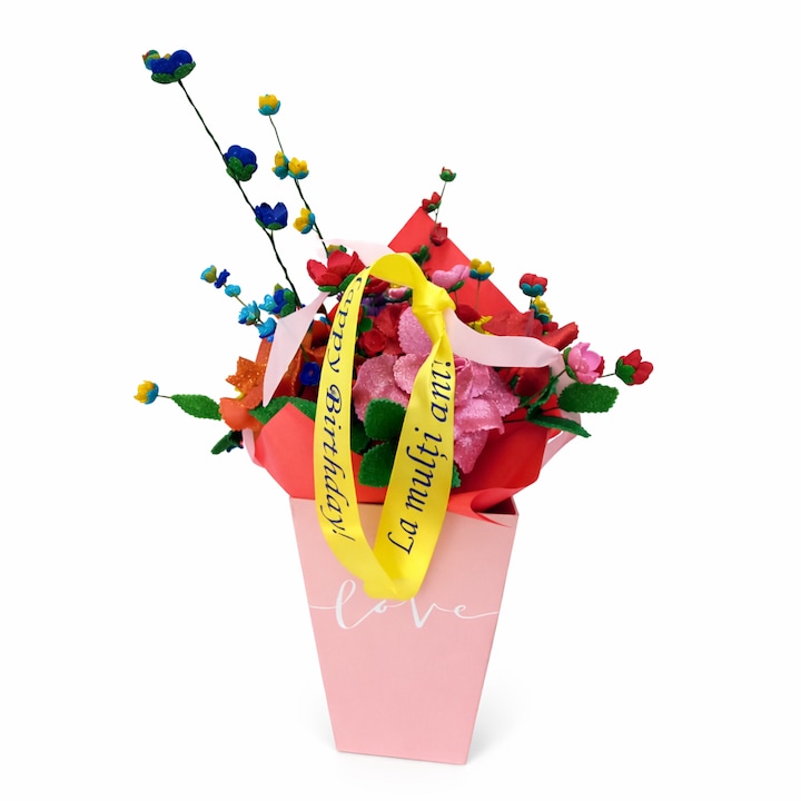 Aranjament decorativ Flori artizanale in cutie cadou 9 fire multicolore cu mesaj, La Multi Ani