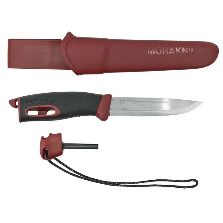 Cutit Morakniv Companion Spark, inox, 104mm, rosu, set cu scanteie si cordon paracord
