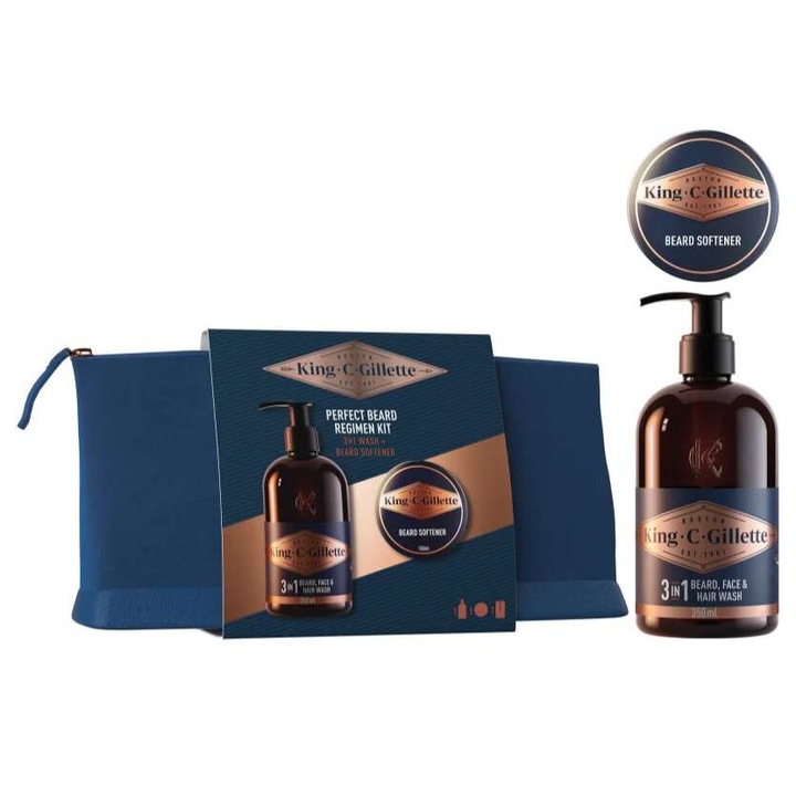 Set cadou Gillette King C. 3in1 pentru îngrijirea barbii, balsam 100ml, gel de curățare 350ml, geantă de călătorie, multicolor