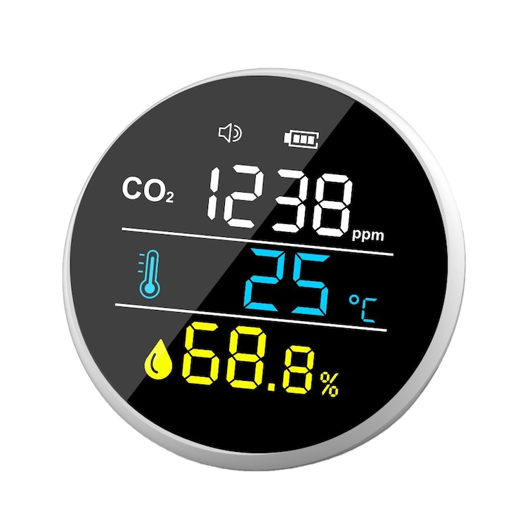 Monitor de calitate a aerului, 3-in-1, afisaj LED, detectare CO₂, monitorizare temperatura si umiditate, calibrare automata, alerte de alarma, incarcare USB, portabil, alb