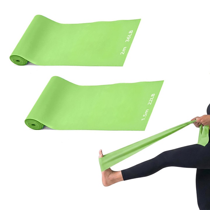 Set 2 Banda de rezistenta din latex Zeguer pentru antrenament de fitness, yoga, pilates, gimnastica restaurativa, reabilitare, fizioterapie, 2 tipuri de rezistenta, 22/36 LB, Verde