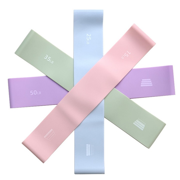 Set 4 mini benzi elastice rezistenta din latex, Zeguer, Antiderapant, 4 Trepte de Dificultate, Antrenament sala, Yoga, Pilates, Multicolor