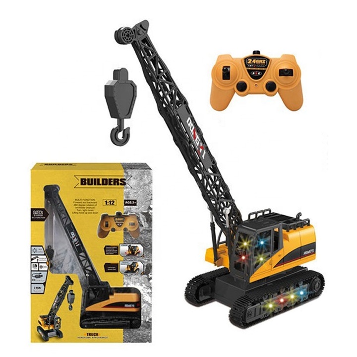 Macara RC Interactiva pe Senile, Scara 1:12, Telecomanda 6 Canale, 40 cm, Ideala pentru Constructii, +3 Ani