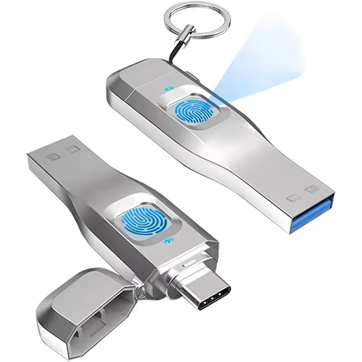 Stick USB, 32GB, 10 amprente digitale, recunoastere rapida, apasare 360°, carcasa metalica, plug and play, compatibil cu laptopuri si telefoane, OUYLAF, argintiu