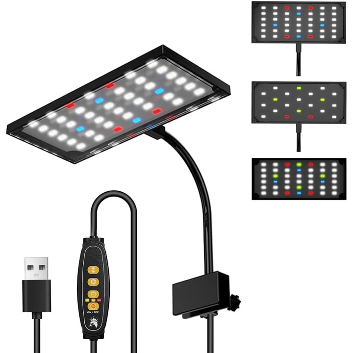 Lampa LED pentru acvariu, 14W, suport reglabil 360°, 10 niveluri de luminozitate, functie de temporizare, OUYLAF, Negru