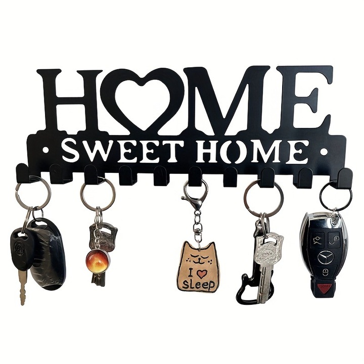 Sweet Home kulcstartó, 10 fekete kampóval, falra szerelhető kulcstartó