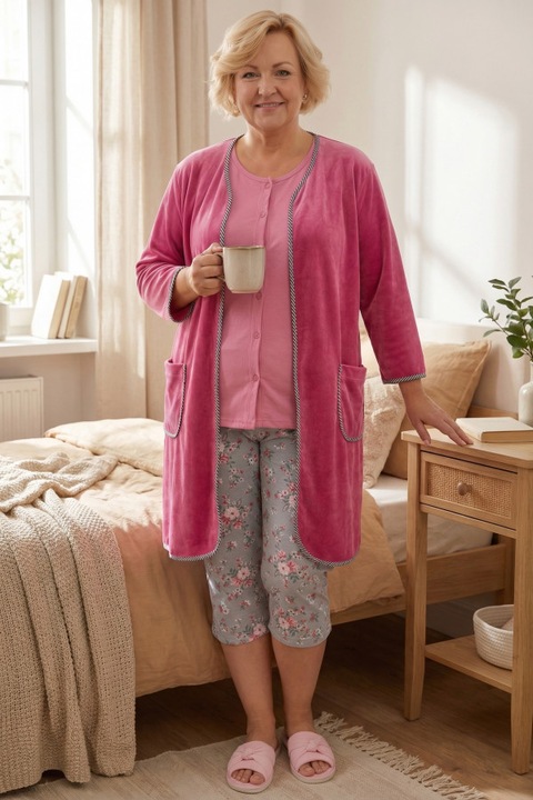 Pijamale MDR24, multicolor, bumbac, bluza cu maneca scurta si nasturi, pantaloni 3/4, marime 54 EU